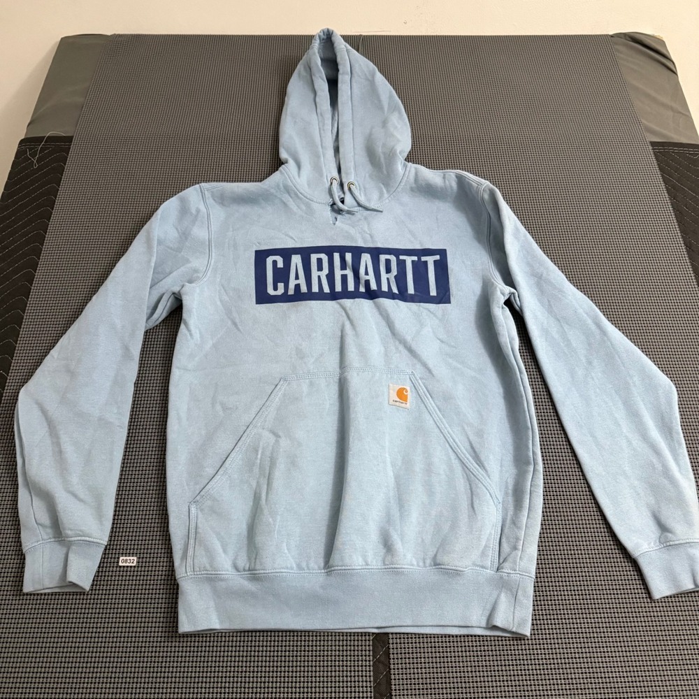Carhartt Mens Loose Fit Graphic‎ Logo Hoodie Light Blue Small Sweatshirt